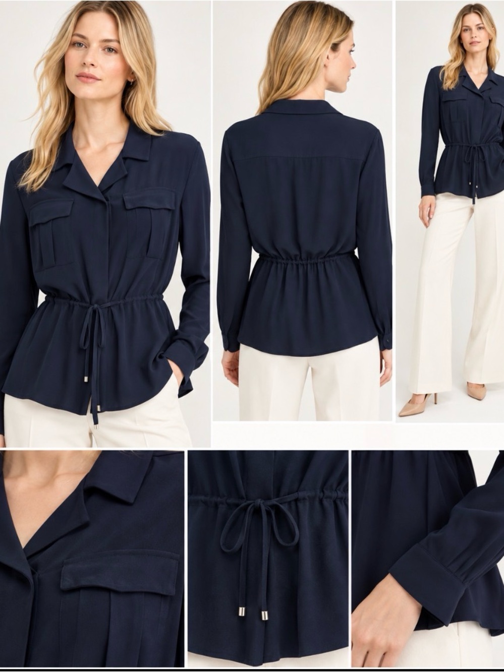 NWT Theory Karafinna 100% Silk Blouse Deep Navy Utility Top S $365